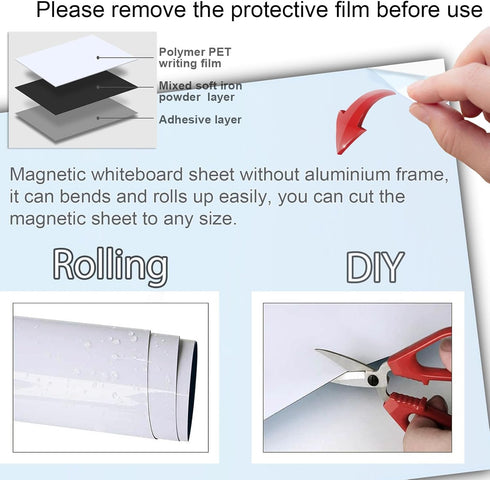 Magnetic Dry Erase White Board Sheet, 12" x 18" Self-Adhesive Whiteboard Dry Erase Board for Wall, Fridge,Glass, Magnetic Cuttable Whiteboard for ...