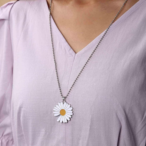 Bohemia Long Daisy Pendant Necklace Enamel Flower Necklace White Daisy Chain Necklace Silver Ball Chain Necklace Large Sunflower Necklace Jewelry ...