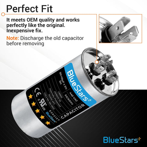 50+10 uf 370-440VAC ±5% Volts Round Run Start Capacitor Electric Replacement Part by BlueStars - Exact Fit for HVAC, Air Conditioners, Heat Pumps...