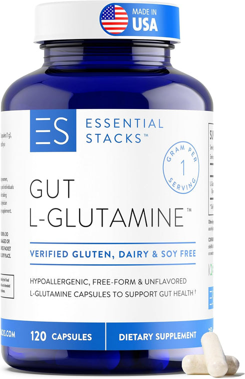 Essential Stacks Gut L-Glutamine Capsules 1000mg (Made in USA) - Gluten, Dairy & Soy Free, Non-GMO L Glutamine for Gut Health - 60 Serves (120 Cap...