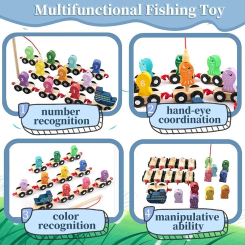 Magnetic Fishing Game for Kids, Wooden Train Set with Numbers Montessori Counting Toys, Preschool Math Learning Educational Game Birthday Gift Fin...