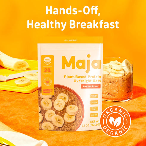 Maja Organic Plant-Based Protein Oats – Banana Bread Overnight Oats, 5 Servings (68g) Vegan, Gluten Free Oats, Delicious Instant Oatmeal, Quick & ...