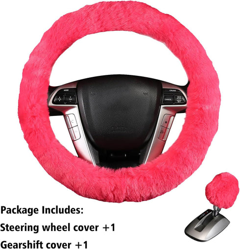 2 Pcs Furry Car Steering Wheel Cover with Fluffy Gear Shift Cover Soft Warm Non-Slip Car Decoration for Women Girls (Pink)...