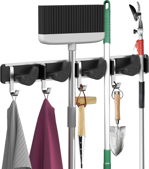 Wall-Mounted Mop and Broom Holder, 4 Positions with 4 Removable Metal Hooks, Kitchen and Garden Tool Organizer, Pantry Storage Hanger for Home Ess...