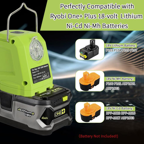 Battery Adapter for Ryobi 18volt One+ P107 P108 Li-ion Battery,Portable Power Source Converter with Dual USB Phone Charge Port,420LM Flashlight LE...