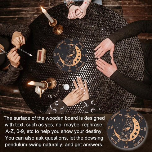 Wooden Pendulum Board 7.9" Cat Moon Witch Dowsing Divination Planchette Board Metaphysical Message Board with Healing Crystal Necklace Witchcraft ...