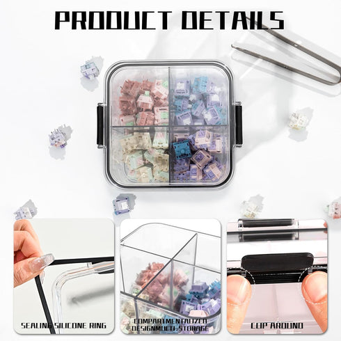 Keycaps Storage Box, 4 Grids Organizer Box with Dividers, Keyboard Switch Container Transparent Plastic Sealed Switch Storage Can Mechanical Keybo...