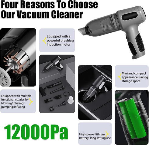Handheld Car Vacuum Cleaner, 12000PA Mini Vacuum Cleaner Cordless with Brushless Motor, 4 in 1 Rechargeable High Power Portable Car Vacuum for Car...