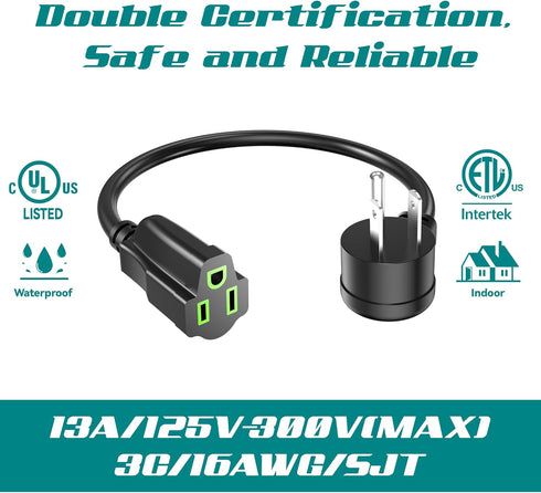 2 Pack Power Extension Cord 3FT/36Inch, Short 3 Prong Electric Extension Cable Outlet Saver, Single Outlet, Heavy Duty, Waterproof, Flexible, 16 A...