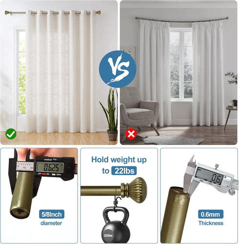 Urbanest Fluted Ball Adjustable Double Drapery Curtain Rod Set, 5/8", 48"-84", Antique Gold...