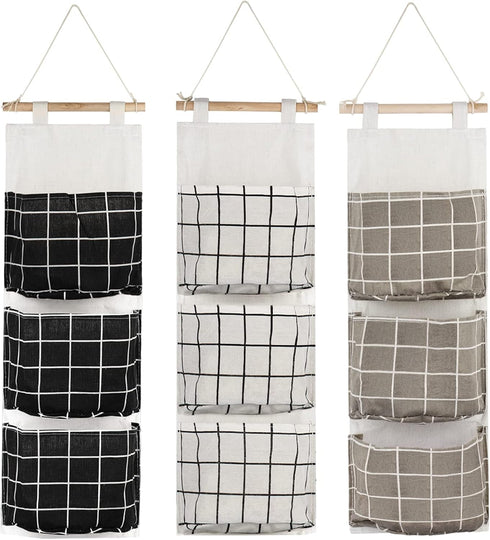 AUHOKY 3Pcs Wall Closet Hanging Storage Bag, Premium Linen Fabric Over The Door Organizer, Hanging Storage Pouches with 3 Pockets for Bedroom Bath...