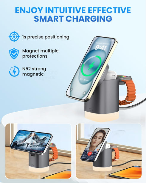 JoyGeek 3-in-1 Charger Stand for Magsafe: Foldable Wireless Charging Station with Night Lights - Magnetic Charger Dock for iPhone 15/14/13/12 Pro/...