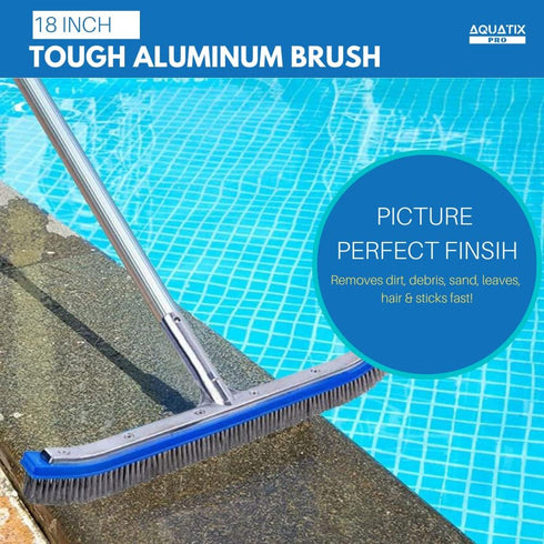 Aquatix Pro Pool Brush Head, 18" Heavy Duty for Cleaning Walls & Floors, Stainless Steel Bristles, Reinforced Aluminum Back, Curved Ends for Corne...