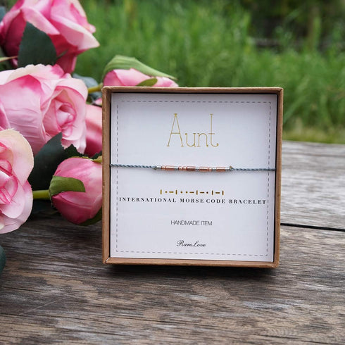 RareLove Aunt Morse Code Bracelets Best Aunt Christmas Gift Women Rose Golden Beads Grey String Bracelet...