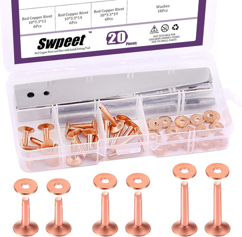 Swpeet 38Pcs 3 Sizes Copper Rivet and Burrs Assortment Kit, Including Stainless Steel Burr Setter and Copper Rivet Fastener Install Setting Tool f...