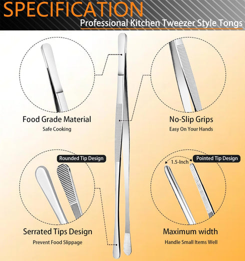 JETKONG 6 Pcs Cooking Tweezer Tongs, 12'' and 6.3" Stainless Steel Kitchen Tweezer Set, Professional Chef Tweezers for Cooking, Repairing, Sea Foo...