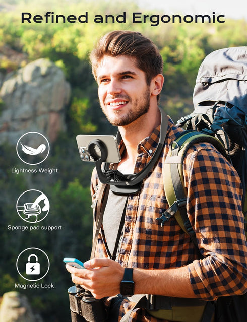 Neck Phone Holder for POV/Vlog Selfie, Magnetic Phone Chest Mount Hands-Free Fit Magsafe Magnetic Neck Mount for Phones with a Long and Short Rod ...
