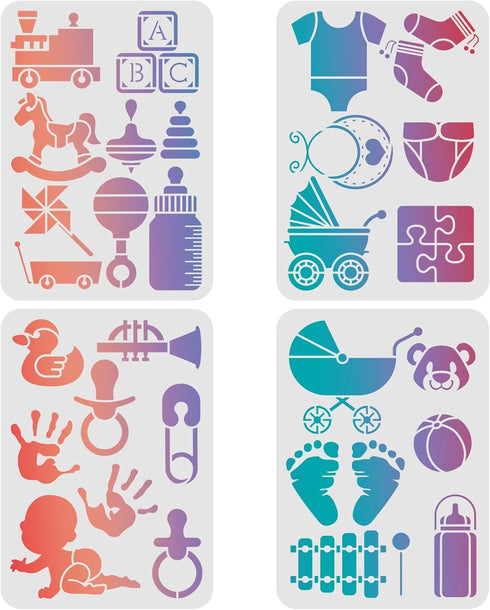 FINGERINSPIRE 4 Pcs Baby Theme Stencils Template 11.6x8.3 Inch Plastic Baby Bottle Stroller Reusable Drawing Painting Stencils for Wood, Floor, Wa...