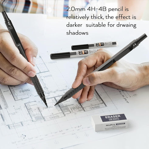 Nicpro Black Metal 2.0 Mechanical Pencil Set with Case, 3 PCS Drafting Lead Holder with 2mm Graphite Lead Refill (HB 2H 4H 2B 4B) & Colors, Sharpe...