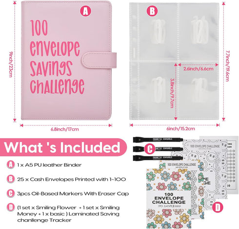 100 Envelope Savings Challenge Binder, 100 Envelopes Money Saving Challenges, A5 100 day cash $5050 challenge book, 3 Markers and 3 Laminated trac...