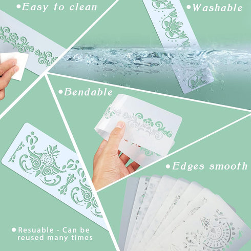 Zonon 8 Pcs Talavera Stencils for Painting Reusable Floral Border Stencils for Wall Edge Template Cake Decorating Drawing for Wood Furniture Wall ...