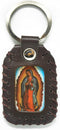 Catholic Keychain Brown Leather Handmade of Sacred Heart of Jesus & Guadalupe Virgin 4cm x 6cm by Zaraleas...