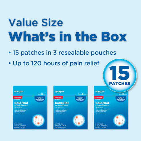 Amazon Basic Care Medicated Cold Hot 5% Menthol Patch, 7.87” x 3.93”, 15-Count Box (Previously HealthWise)...