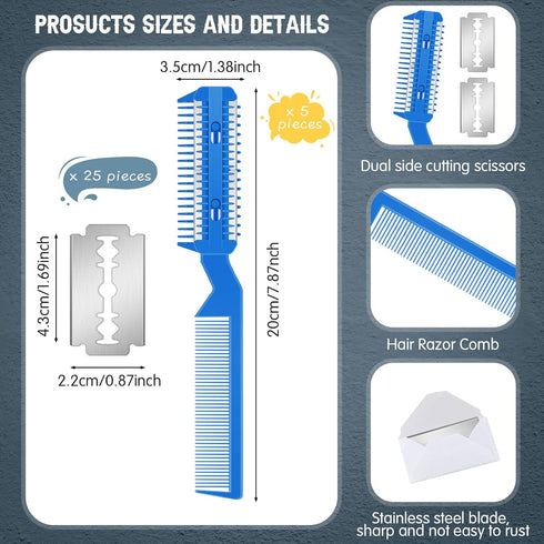 5 Pieces Razor Comb for Dogs Hair Grooming Trimmer Comb for Pet Razor Comb with 25 Extra Blades Manual Dog Hair Trimmer Comb Double Edge Razor for...