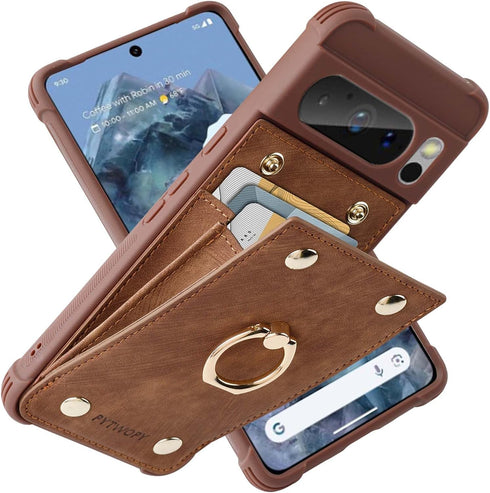 Google Pixel 8 Pro 5G Wallet Case with Credit Card Holder,Leather Shockproof Protective Phone Cover Supports 360°Rotation Ring Stand and RFID Bloc...