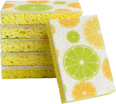 CELOX 6 Pack Lemon Printed Dual Sided Scrub Dish Sponges, Non Scratch Sponge for Kitchen Cleaning, 4.5" x 2.8" x 0.8"...