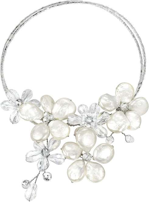 AeraVida Coin Cultured Freshwater Pearls-Crystal Floral Paradise Cluster Choker Necklace | Floral Choker Necklaces Women | Freshwater Cultured Pea...