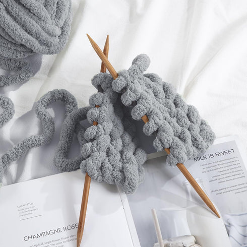 HOMBYS Light Grey Chunky Chenille Yarn for Crocheting, Bulky Thick Fluffy Yarn for Knitting,Super Bulky Chunky Yarn for Hand Knitting Blanket, Sof...