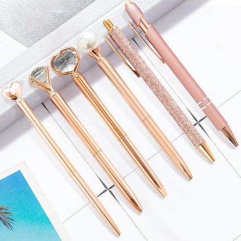 Cute Pens for Women, 6 Pcs Rose Gold Pens Metal Ballpoint Pens Bulk, 1.0mm Medium Point Black Ink Pens, Office and School Supplies Cool Fun Pens G...