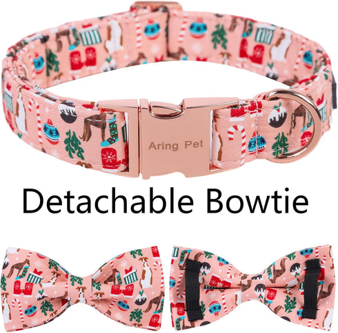 ARING PET Christmas Dog Collar-Cute Cotton Dog Collar with Bow, Adjustable Pink Christmas Pet Collars Puppy Collars with Metal Buckle...