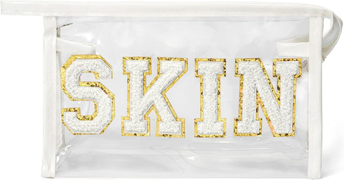Preppy Patch SKIN Fall Bag Varsity Letter Cosmetic Toiletry Bag Aesthetic Waterproof Cosmetic Case Use Clutch Purse Clear PVC Multi-Function Zippe...