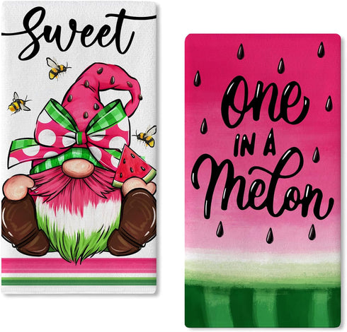 Seliem Sweet Summer Gnome Kitchen Dish Towels Set of 2, One in A Melon Watermelon Bee Hand Towel Drying Baking Cooking Cloth, Pink Green Polka Dot...