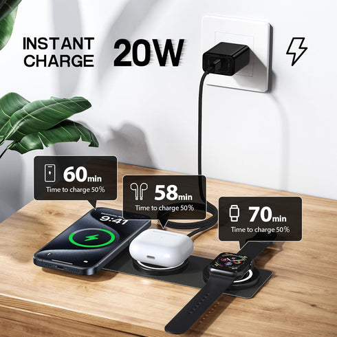iPhone 15 Pro Max Magnetic Fast Wireless Charger, 15W Foldable 3 in 1 Travel Phone Charging Station for iPhone 15/14/13/12/Pro/Max, Magsafe Charge...