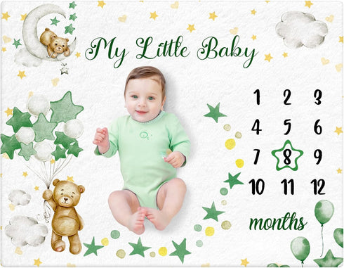 Sleeping Bear Monthly Baby Milestone Blanket Bear Star Balloon Flannel Blanket Boy Newborn Infant Swaddle Blanket Growth Chart Baby Blanket with F...