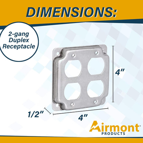 AP-12098, 4" Square Double Duplex Receptacle Electrical Box Cover, 1/2" Raised, Exposed Work, Galvanized Steel, Crushed Corners, 2-Gang...