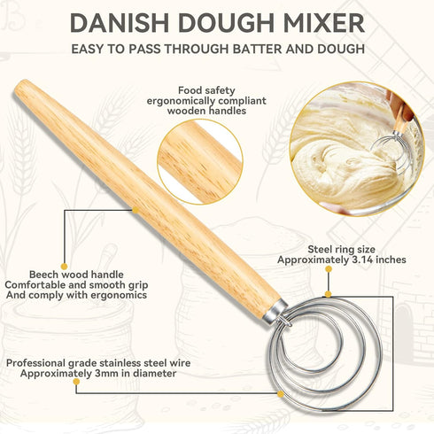 Danish Dough Whisk - Bread Dough Whisk 13 In, Food Grade Stainless Steel Bread Making Tools and Supplies, Dutch Style Dough Mixing Tool Dough Hook...