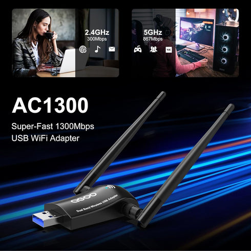 Wireless WiFi Adapter for Desktop PC - QGOO AC1300Mbps USB 3.0 Network Dongle with 5dBi High Gain Dual Antennas, Dual Band 2.4G/400Mbps 5G/867Mbps...