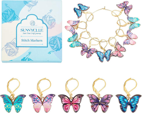 SUNNYCLUE 1 Box 20Pcs Stitch Markers Crochet Stitch Marker Butterfly Enamel Cute Charms Removable Leverback Clasp Charm Locking Metal Knitting Mar...