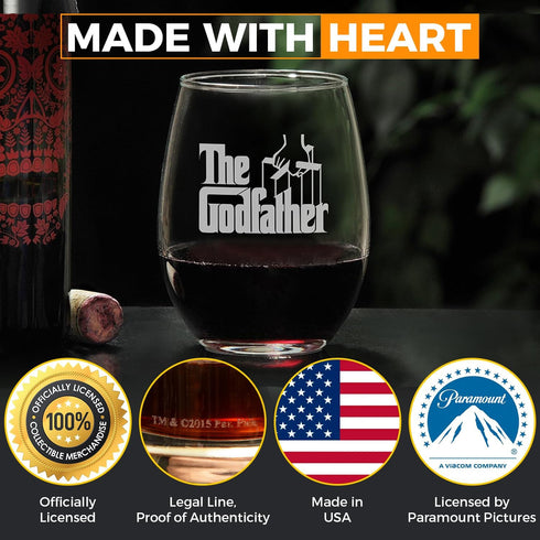 The Godfather Etched Stemless Wine Glass - Officially Licensed, Premium Quality, Handcrafted Glassware, 15oz. - Perfect Collectible Gift for Movie...