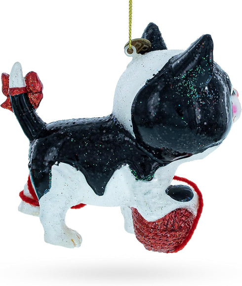 Playful Cat Entangled with Yarn Ball Blown Glass Christmas Ornament...