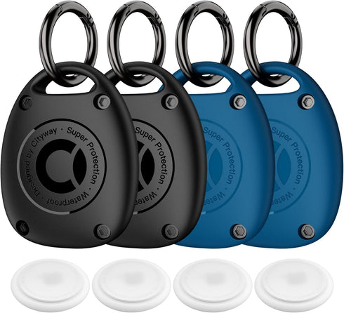 (4 Pack) AirTag Keychain Holder Case | IPX8 Waterproof, Ultra-Compact | Portable Air Tag Holder Cover for Backpack, Keys, Luggage - 2 Black/2 Blue...