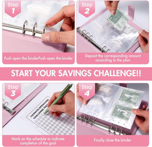 100 Envelope Challenge Binder, Saving Challenge Binder Budget Binder with Cash Envelopes Savings Challenge for Travel and Diary, Pink...