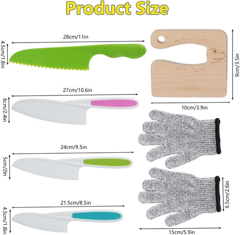 6pcs Kids Wooden and Plastic Knife Set, Kids Safe Knife with Wood Kids Knife Resistant Gloves Cooking Knives Serrated Edges Toddler Knife Kids Pla...