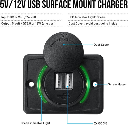 12V RV USB Charger, Quick Charger 3.0 Wall Mount USB Charging Station with Green Indicator Light and Cap for Car Camper Boat Marine SUV ATV (Black...