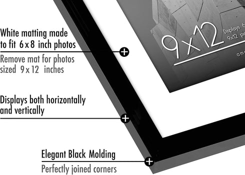 Americanflat 9x12 Picture Frame with Shatter-Resistant Glass - Use as 6x8 Frame with Mat or Display 9x12 Photo Without Mat - Streamline Collection...