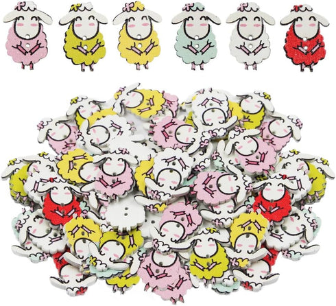 100Pcs Cute Sheep Shape Wooden Buttons in Bulk for DIY Crafts Sewing Knitting Card Making Mix Color...